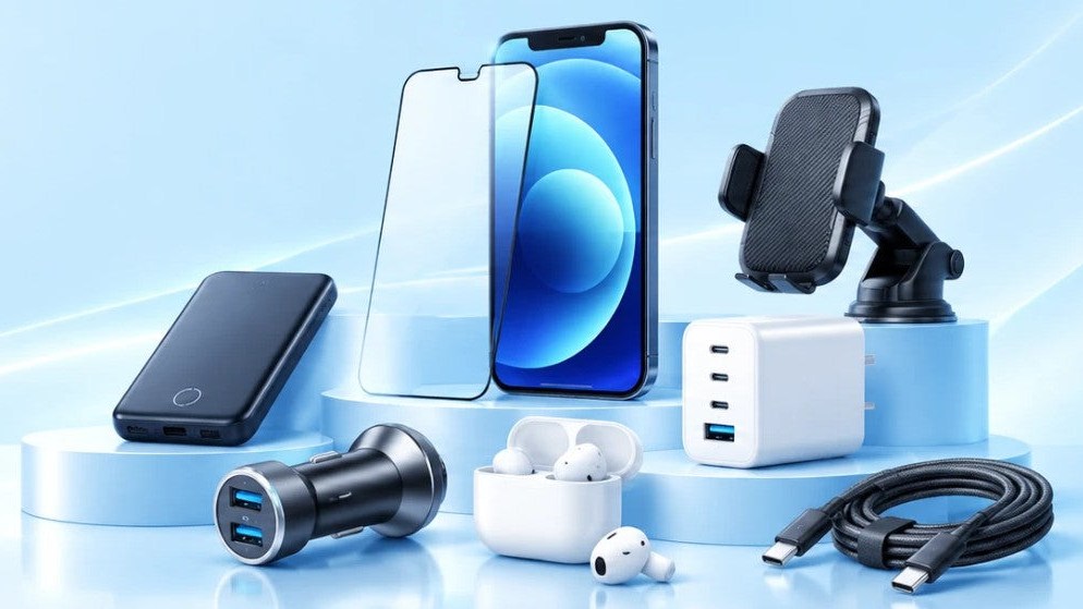 NCC accessories: a power bank, a screen protector, a phone, a car holder, chargers, earbuds and a cable
