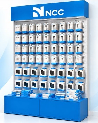 NCC retail display: a wall unit stocked with NCC accessories